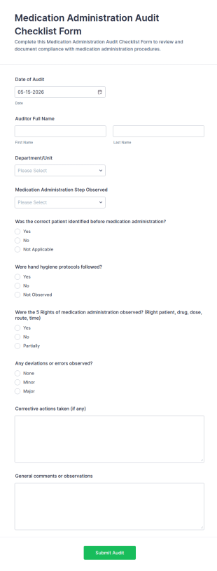 Medication Administration Audit Checklist Form Template
