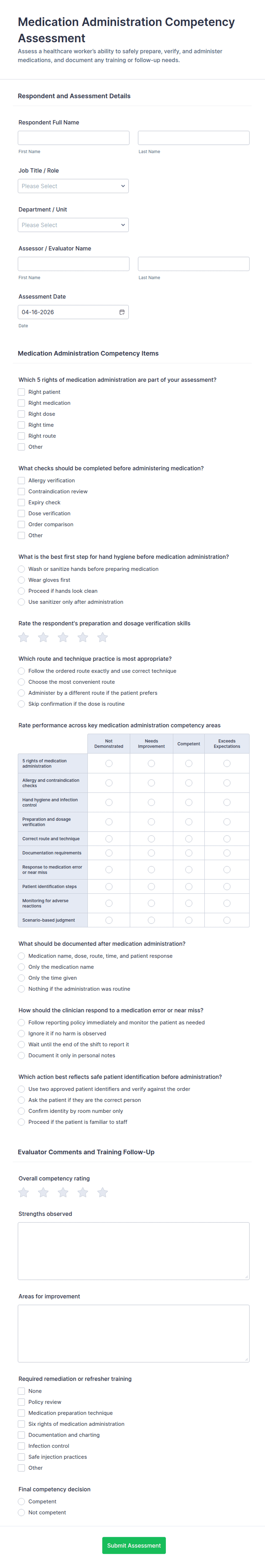 Medication Administration Competency Assessment Form Template | Jotform