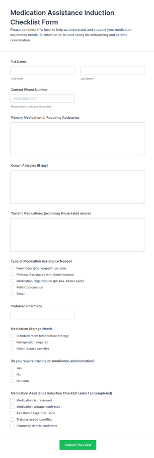 Medication Assistance Induction Checklist Form Template
