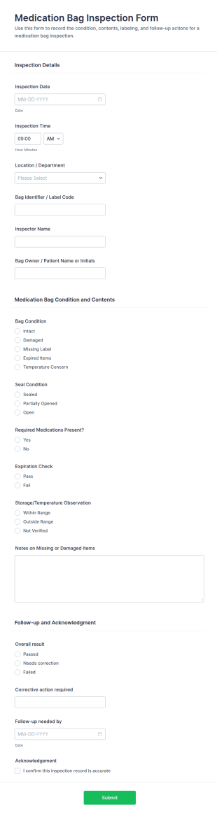 Medication Bag Inspection Form Template