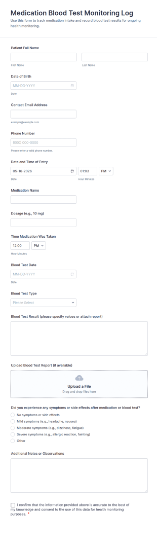 Medication Blood Test Monitoring Log Form Template
