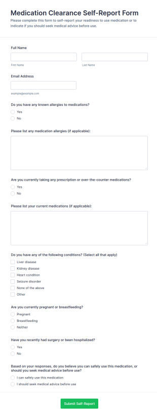 Medication Clearance Self Report Form Template