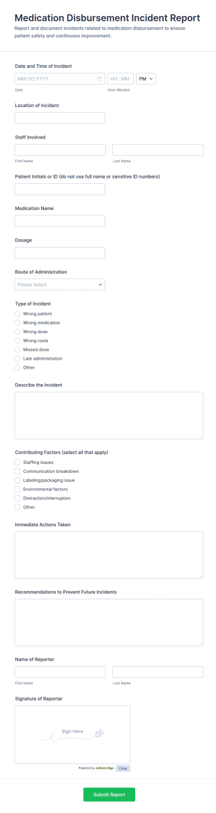 Medication Disbursement Incident Report Form Template