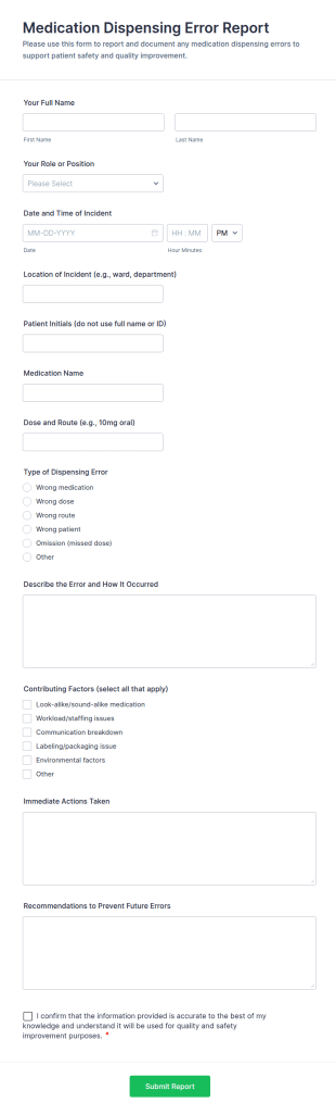 Medication Dispensing Error Report Form Template