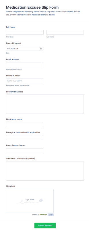 Medication Excuse Slip Form Template
