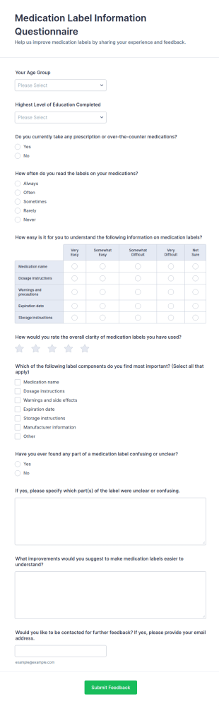 Medication Label Information Questionnaire Form Template