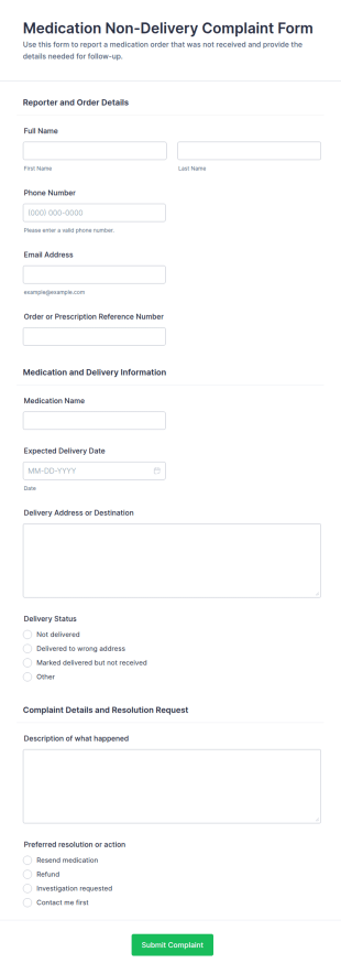Medication Non Delivery Complaint Form Template