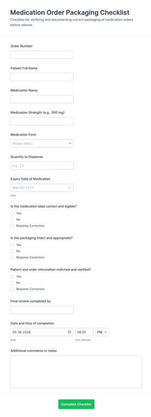 Medication Order Packaging Checklist Form Template