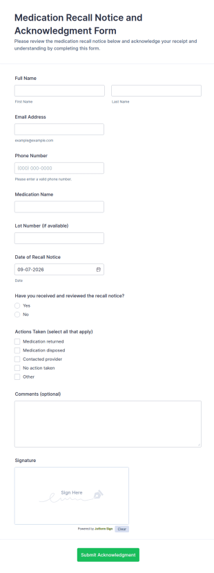 Medication Recall Notice And Acknowledgment Form Template
