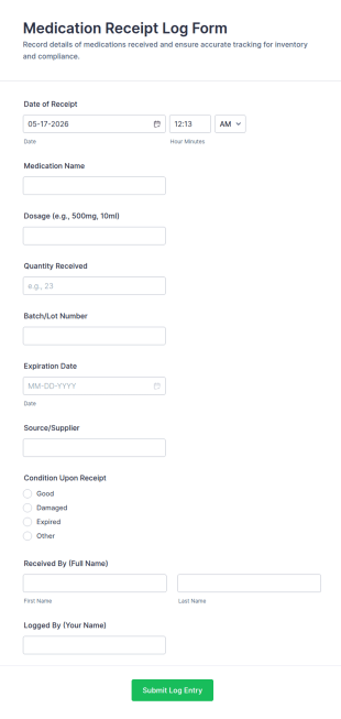 Medication Receipt Log Form Template