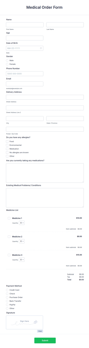 Medical Order Form Template