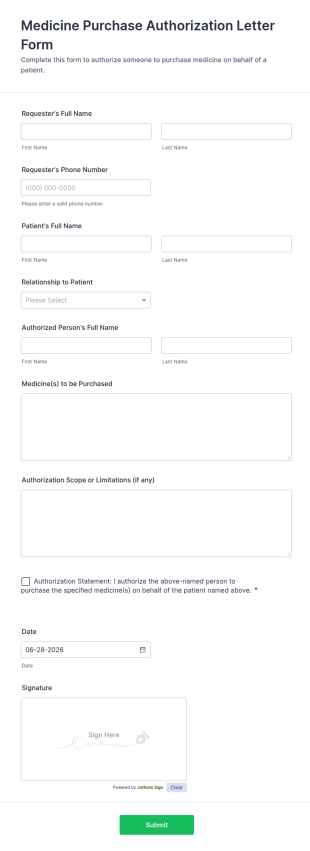 Medicine Purchase Authorization Letter Form Template