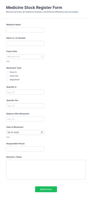 Medicine Stock Register Form Template