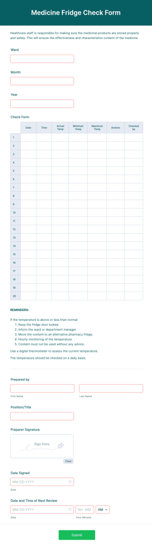 Medicines Fridge Check Form Template