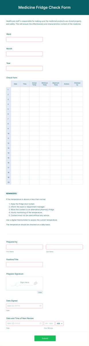 Medicines Fridge Check Form Template