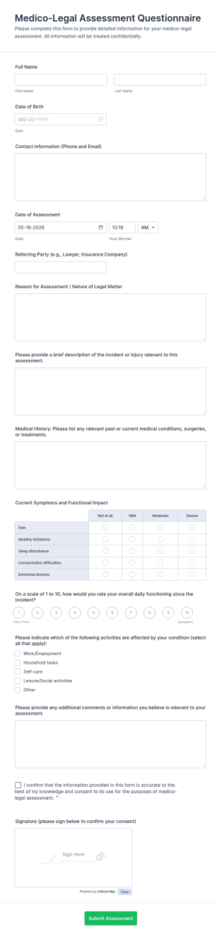 Medico Legal Assessment Questionnaire Form Template