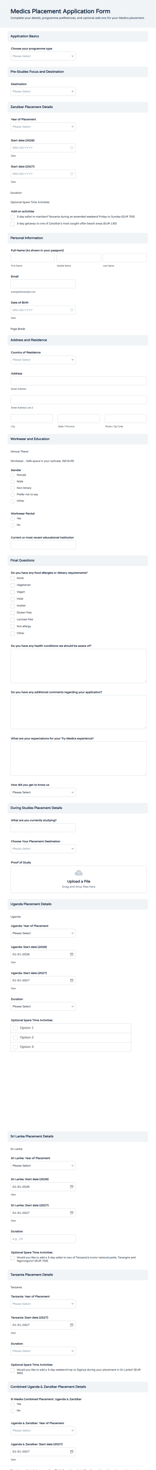 Medics Placement Application Form Template