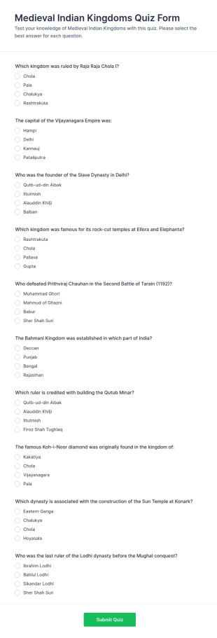Medieval Indian Kingdoms Quiz Form Template
