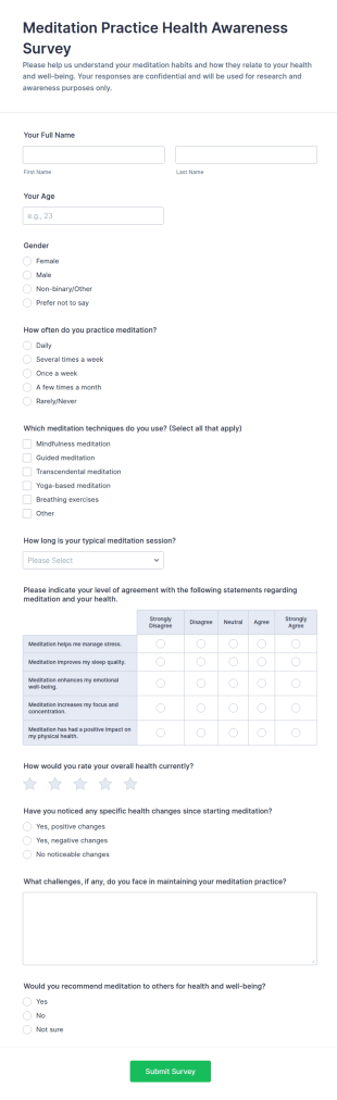 Meditation Practice Health Awareness Survey Form Template