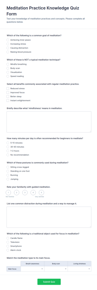 Meditation Practice Knowledge Quiz Form Template
