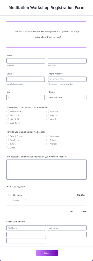 Meditation Workshop Registration Form Template