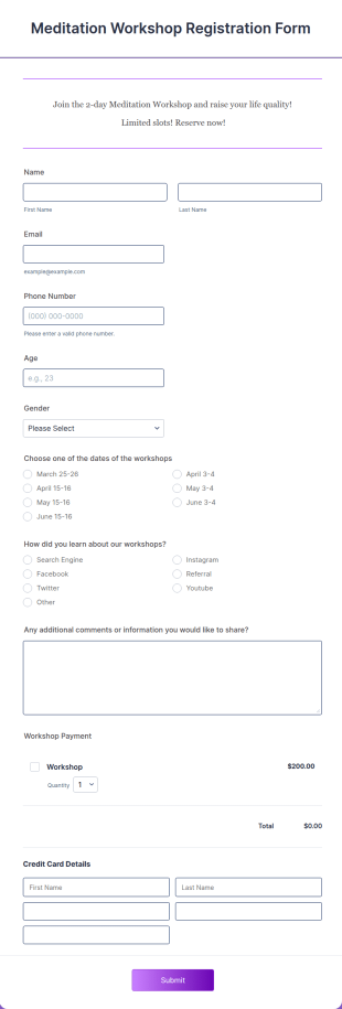 Meditation Workshop Registration Form Template