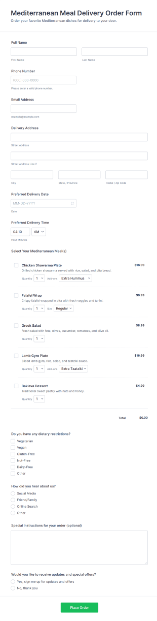 Mediterranean Meal Delivery Order Form Template