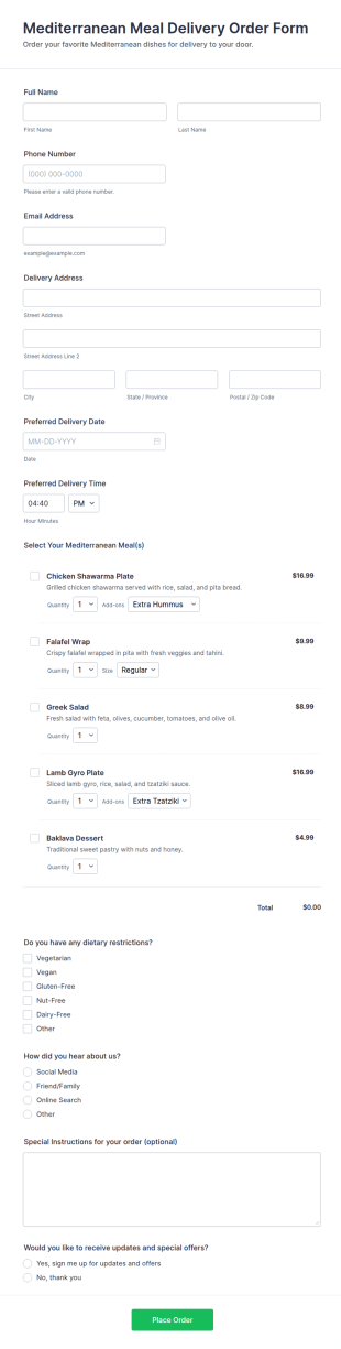 Mediterranean Meal Delivery Order Form Template