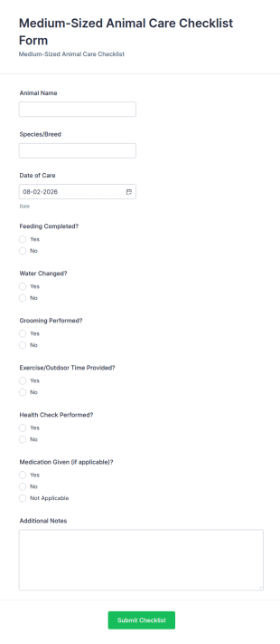 Medium Sized Animal Care Checklist Form Template