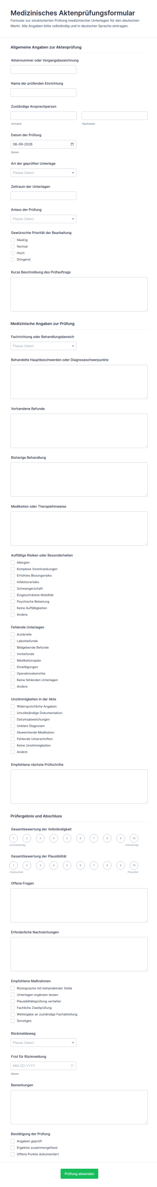 Medizinische Patientenakte Bewertungsformular
