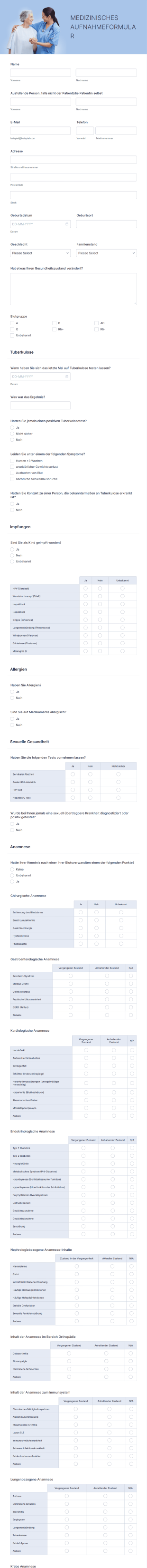 Medizinisches Aufnahmeformular Form Template