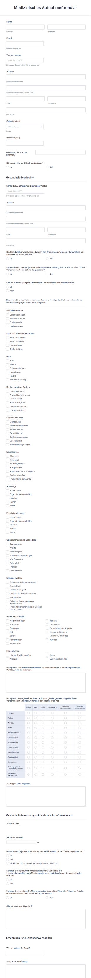 Medizinisches Aufnahmeformular Form Template