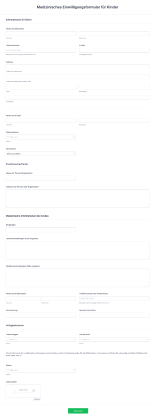 Medizinisches Einwilligungsformular Für Kinder Form Template