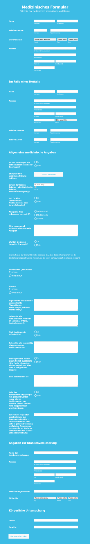 Medizinisches Formular Für Das Sommercamp Form Template