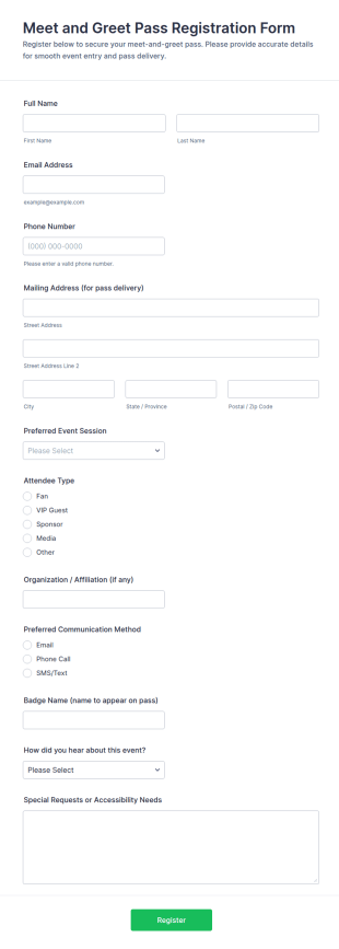 Meet And Greet Pass Registration Form Template