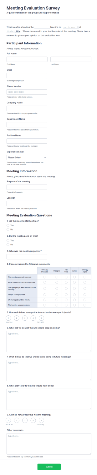 Meeting Evaluation Survey Form Template