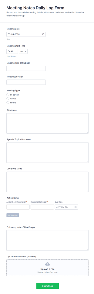 Meeting Notes Daily Log Form Template