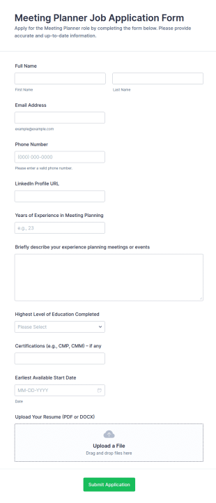 Meeting Planner Job Application Form Template