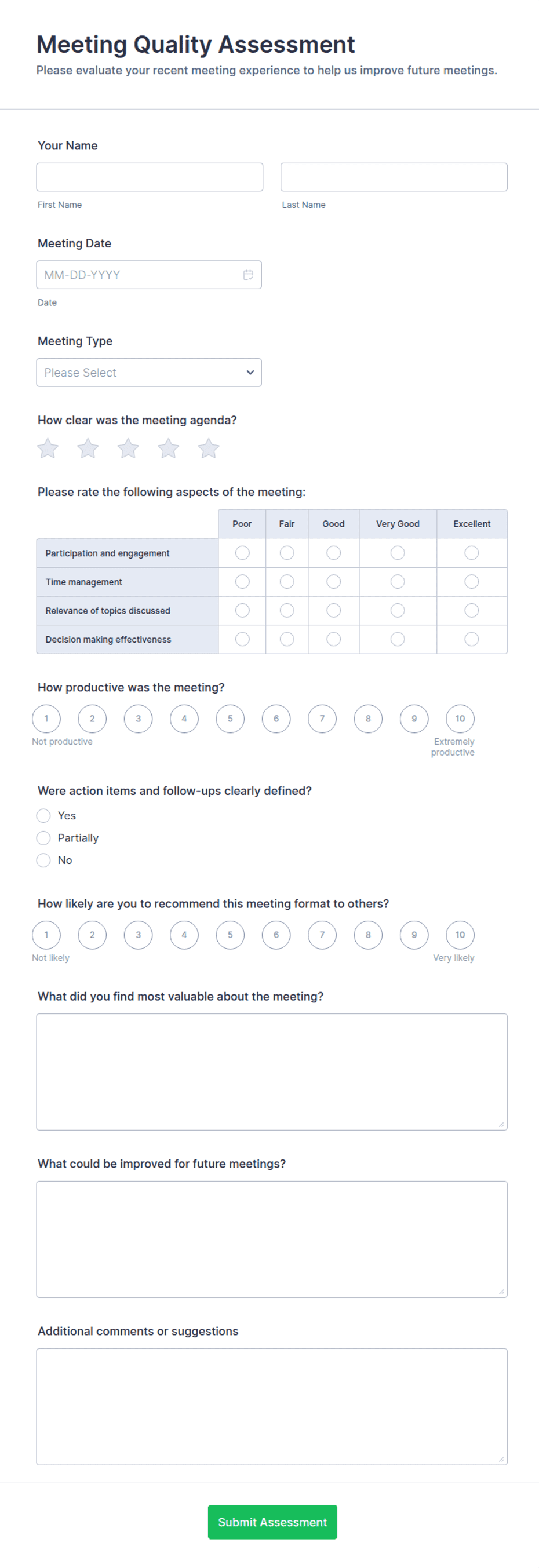 Meeting Quality Assessment Form Template | Jotform