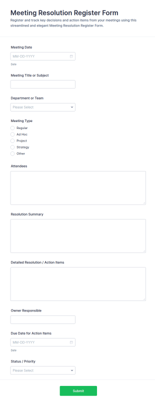 Meeting Resolution Register Form Template