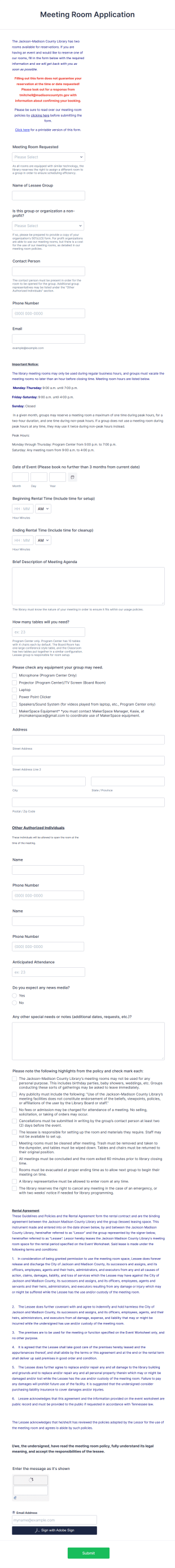 Library Meeting Room Application Form Template