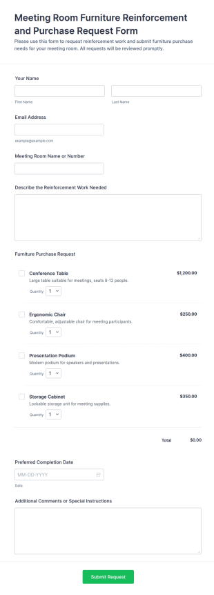 Meeting Room Furniture Reinforcement And Purchase Request Form Template