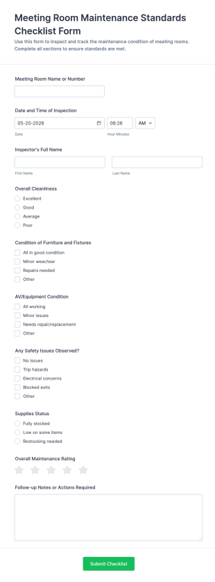 Meeting Room Maintenance Standards Checklist Form Template
