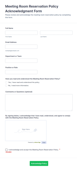 Meeting Room Reservation Policy Acknowledgment Form Template