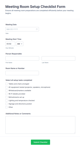 Meeting Room Setup Checklist Form Template