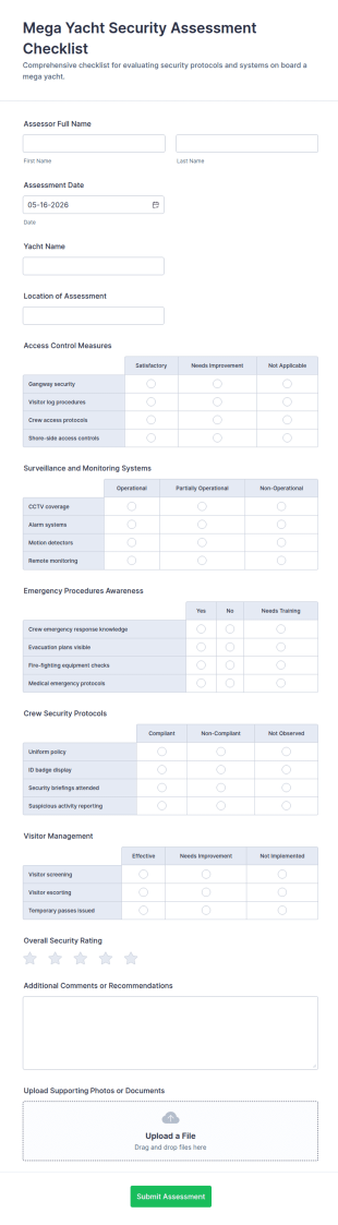 Mega Yacht Security Assessment Checklist Form Template