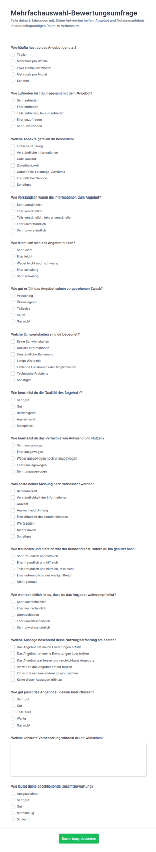 Mehrfachauswahl Bewertung Survey