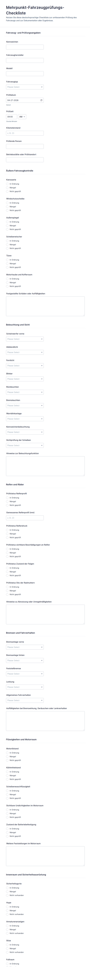 Mehrpunkt Fahrzeuginspektionsformular