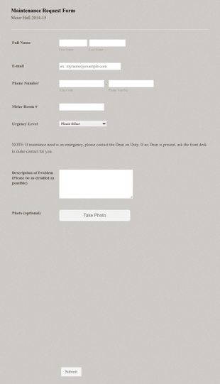 Meier Hall Maintenance Request Form Template
