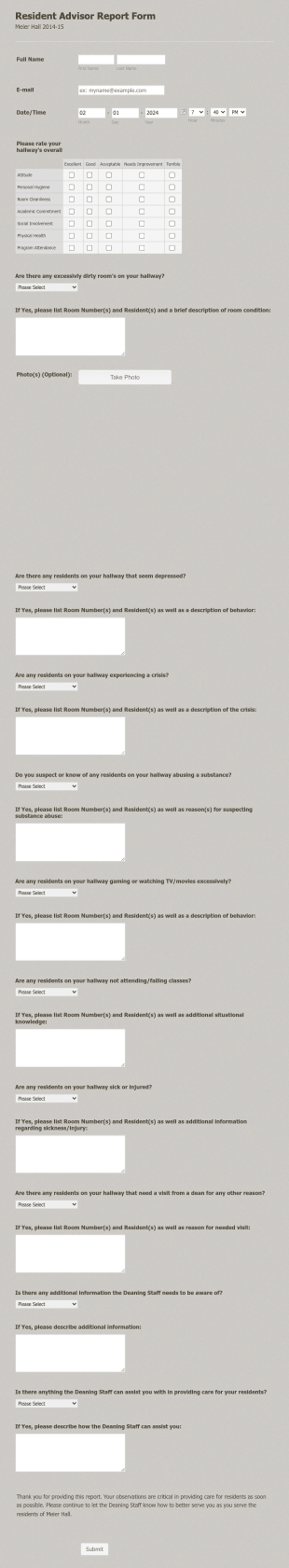 Meier Hall Resident Advisor Report Form Template